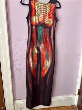 Sleeveless Multicolor Maxi Dress - Red & Teal Abstract Print